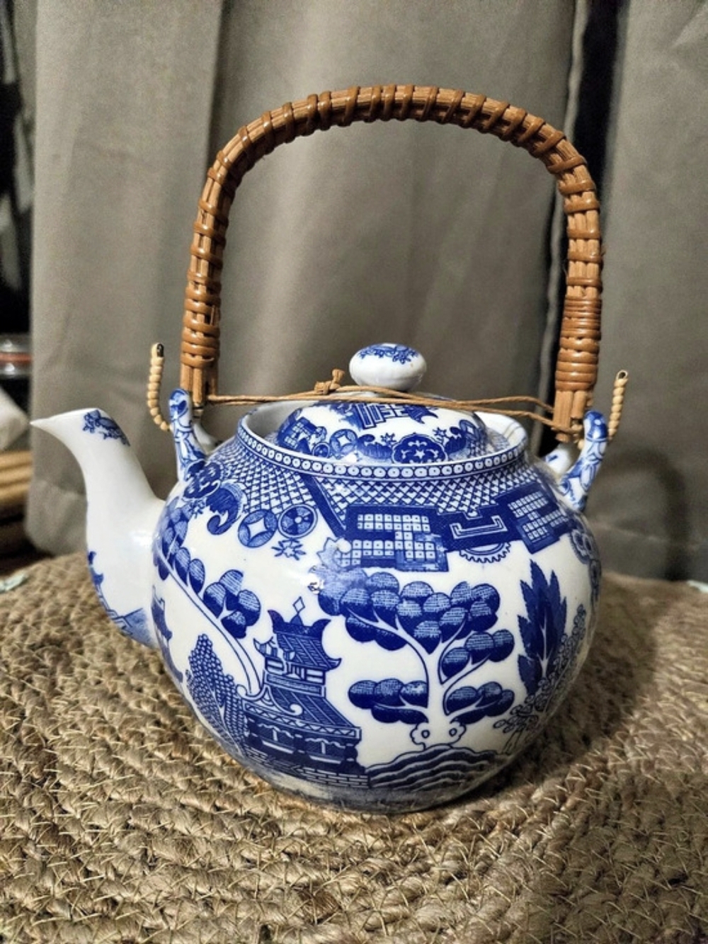Japanese Blue Willow Blue & White Ceramic Teapot With Bamboo Handle